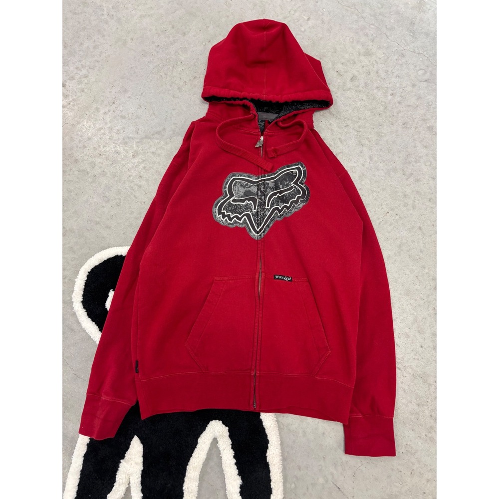 Fox Racing Mens Full Zip Hoodie Red Embroidered Logo Fleece Sweatshirt Large